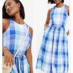 LOFT Seersucker Plaid Midi Dress Size M  Open Back Cutout, Pockets Summer Casual